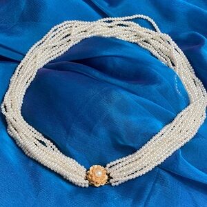 Vtg Faux Pearl Multi-Strand Necklace w/ Gold-Tone Floral Clasp